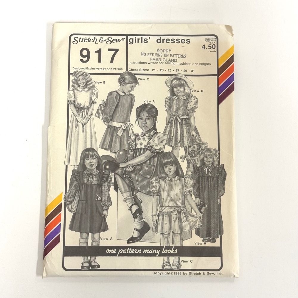 Vintage 1986 Stretch & Sew 917 Girls Dresses Sewing Pattern Ann Person UNCUT